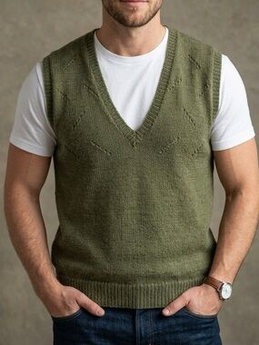 Hand Knit Wool Deep-V Sweater Vest in Olive Green